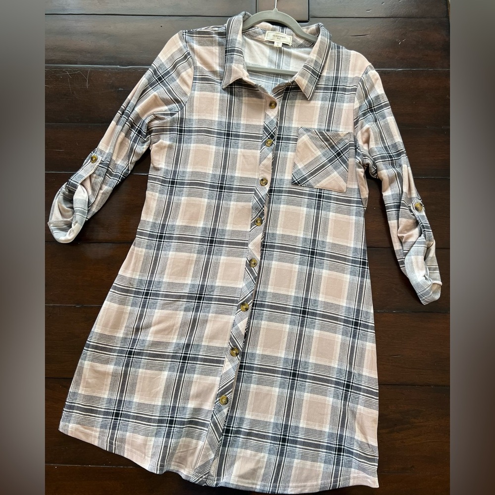 Soft lightweight plaid shirt dress.
